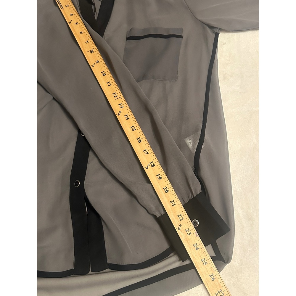 KUT from the Kloth Grey Sheer Draped Back Blouse Black Trim Medium flowy - Picture 16 of 16